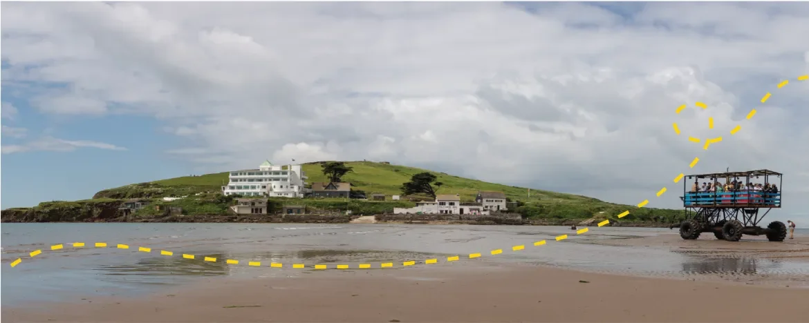 Distance view of Burgh Island with sea tractor in foreground - with accents