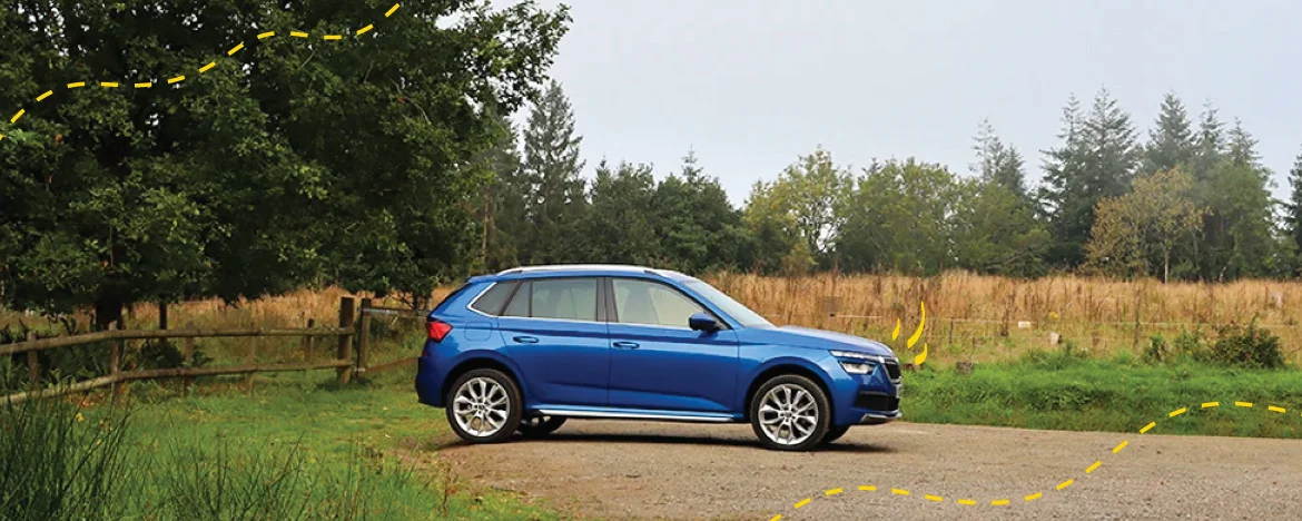 skoda-kamiq-parked-next-to-wood