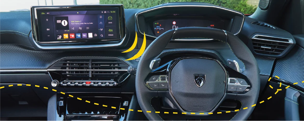 Peugeot 2008 interior with yellow accents